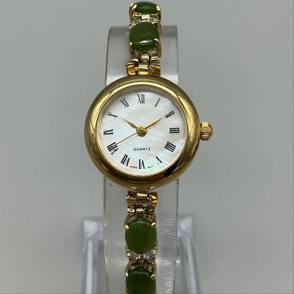 HMI Womens Watch 22mm MOP Gold Tone Green Stone Bracelet New Battery 7.25